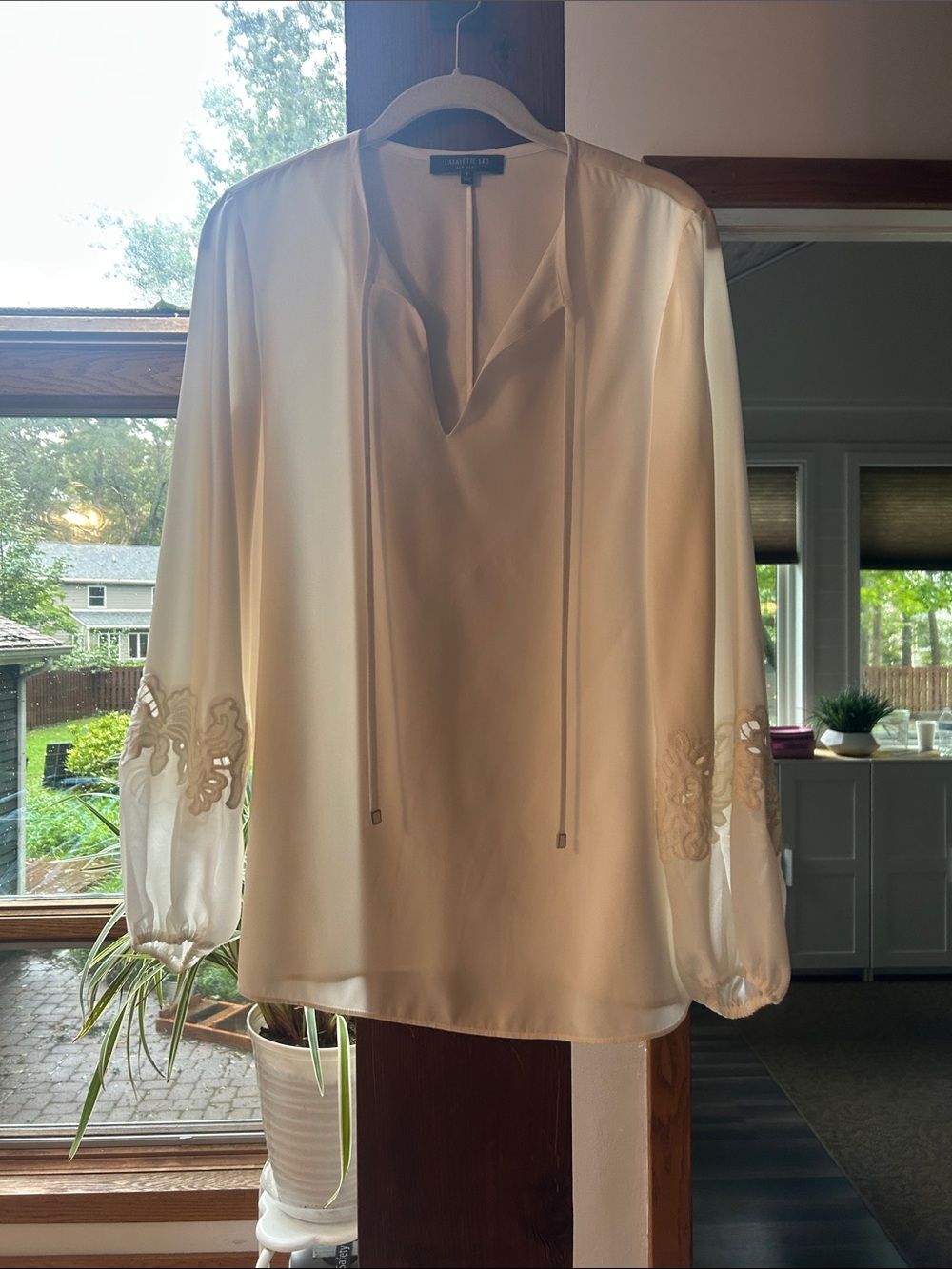 Lafayette 148 New York Ivory Tie-Neck Long-Sleeve Blouse